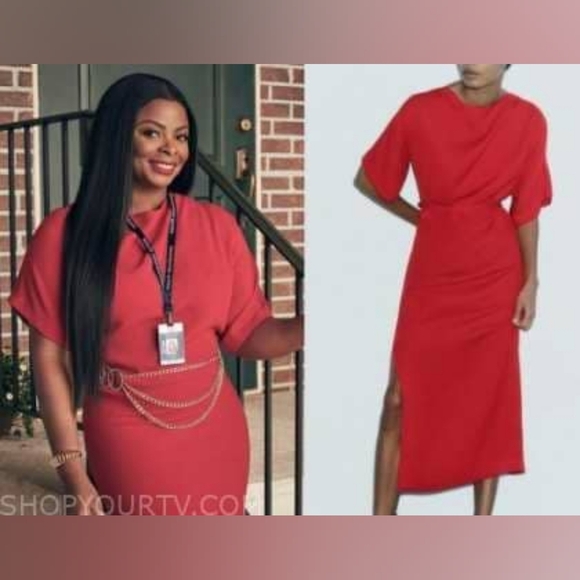 Zara ZW Collection Red Belted Long Dress Wide Neck Side Slit Size XS - Picture 16 of 16